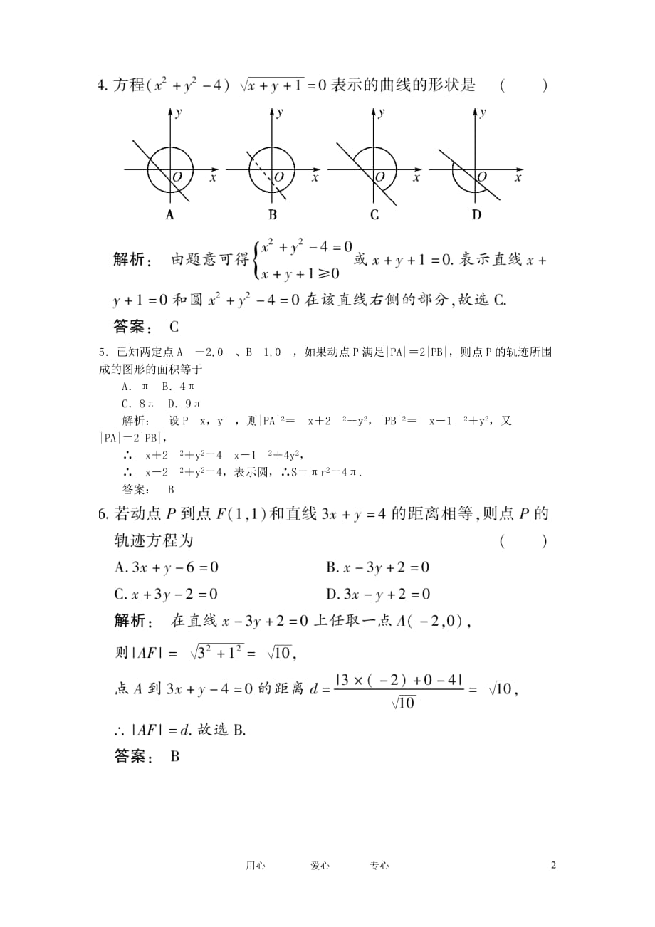 《金版新学案》高考数学总复习 7.4曲线与方程课时作业（扫描版） 文 大纲人教版_第2页