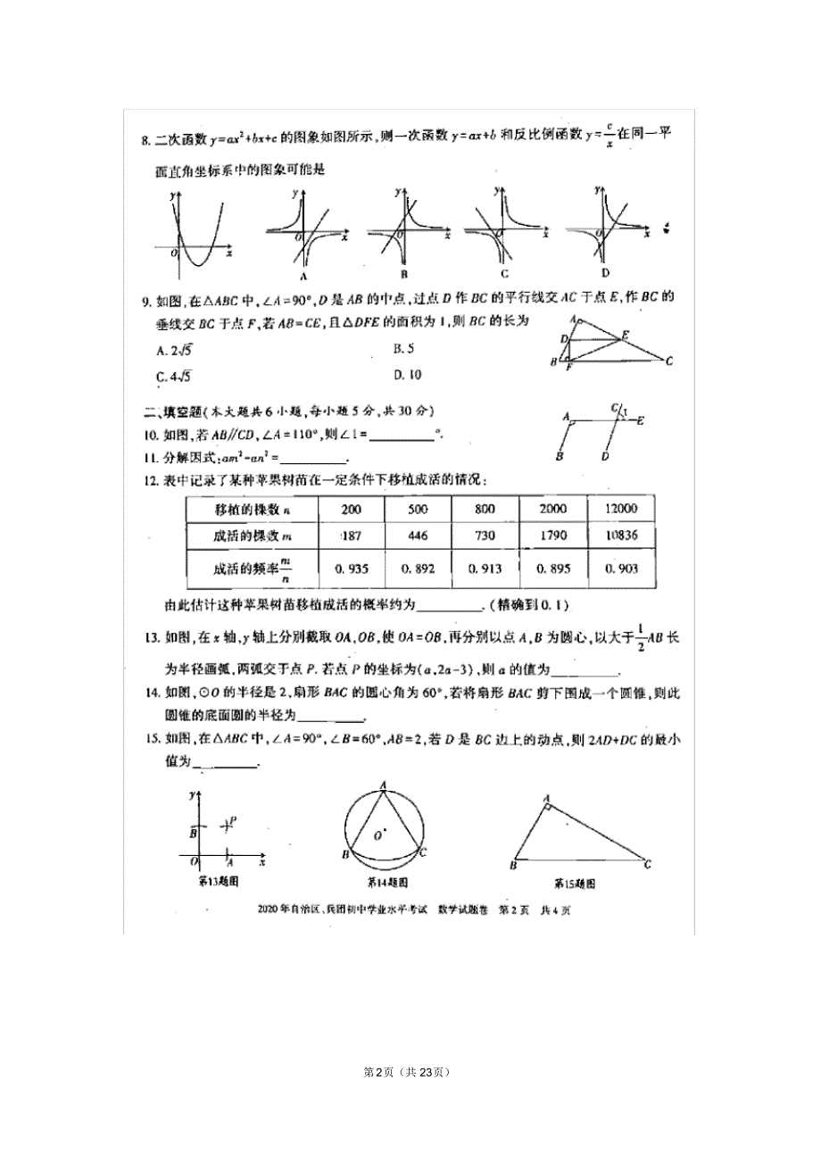 2020年新疆中考数学试卷(含答案和解析)_第2页