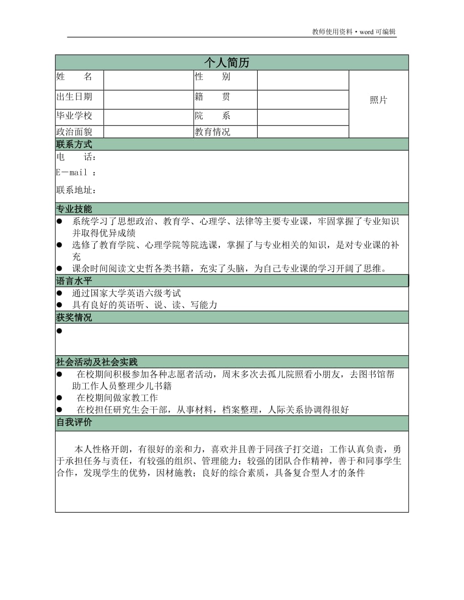 教师个人简历表格[实用]_第1页