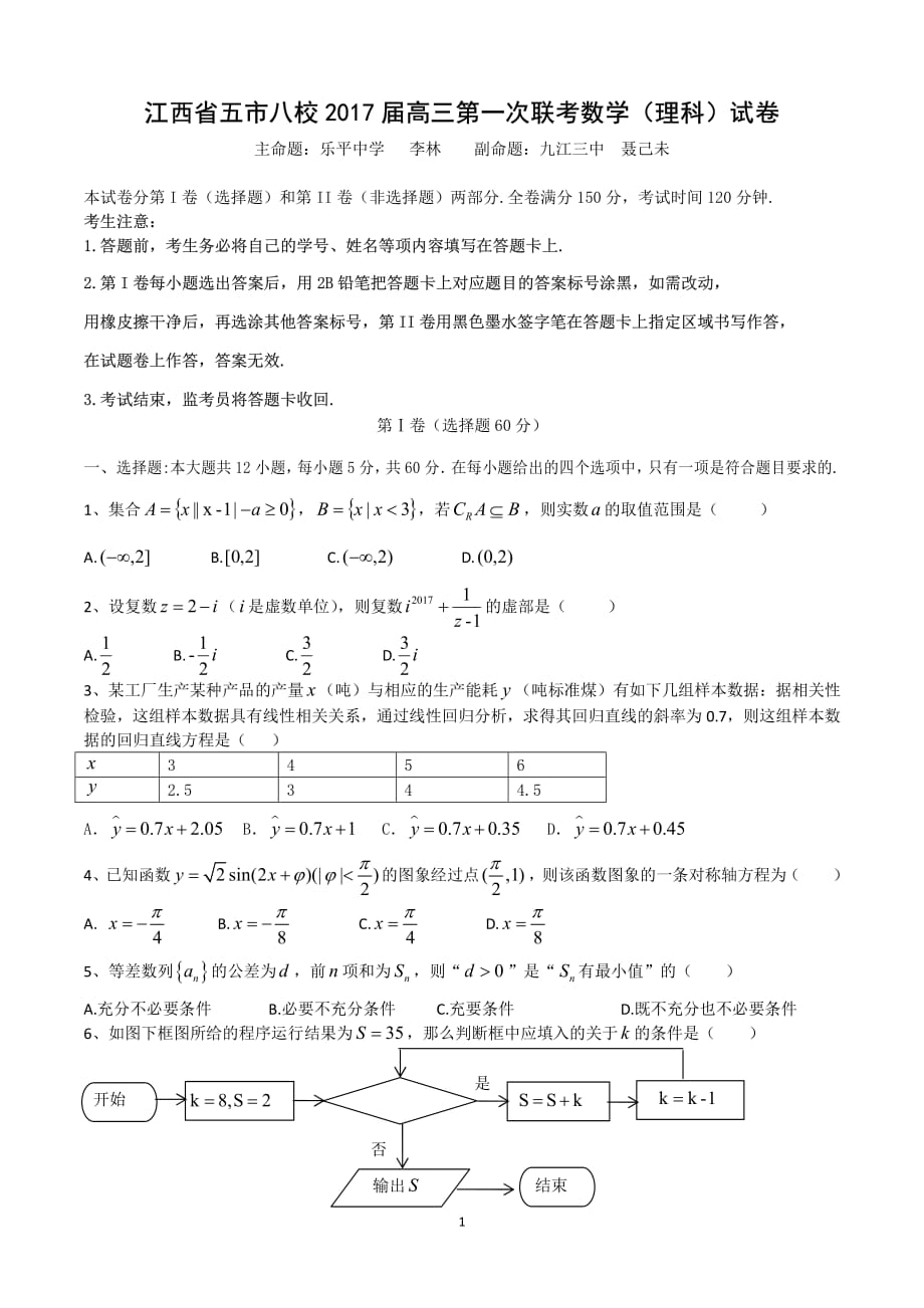 2017五市八校联考理科数学试卷.pdf_第1页