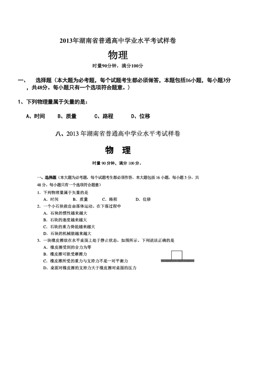 2013年湖南学业水平考试物理试卷及答案.doc_第1页