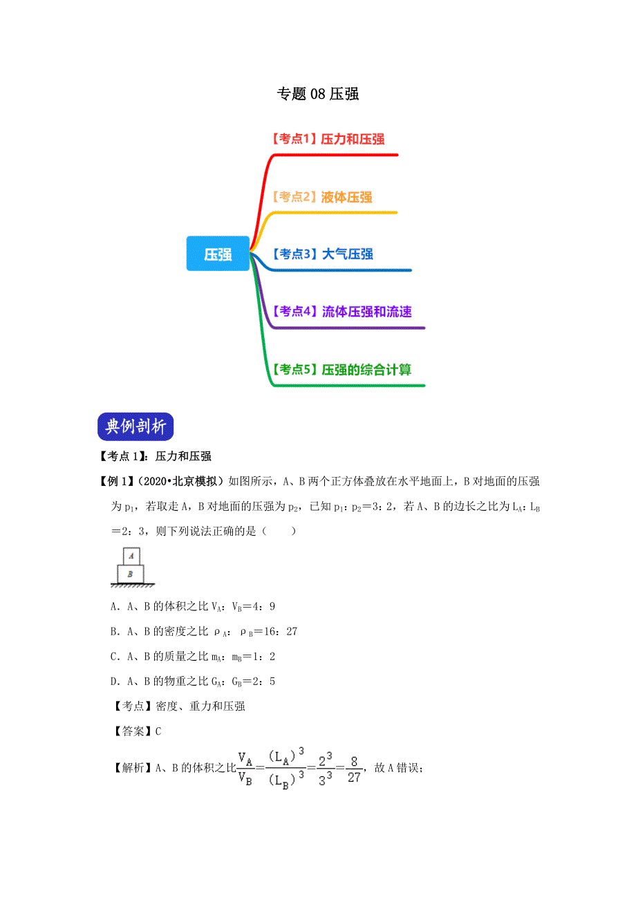 决胜2020年中考物理压轴题剖析与精练专题08压强【含解析】_第1页