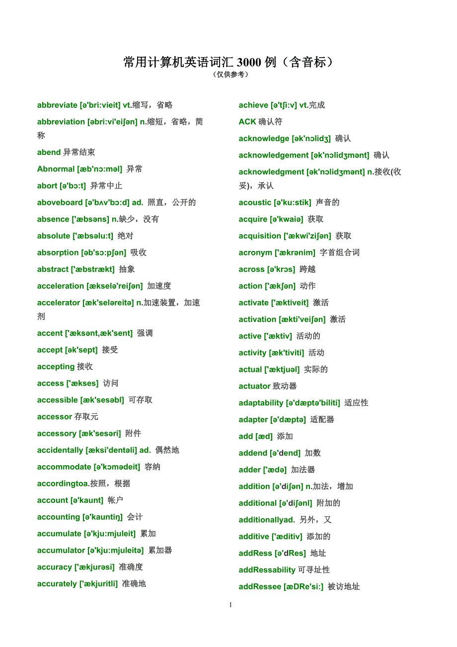 【最新】常用计算机英语词汇3000例(含音标)_第1页