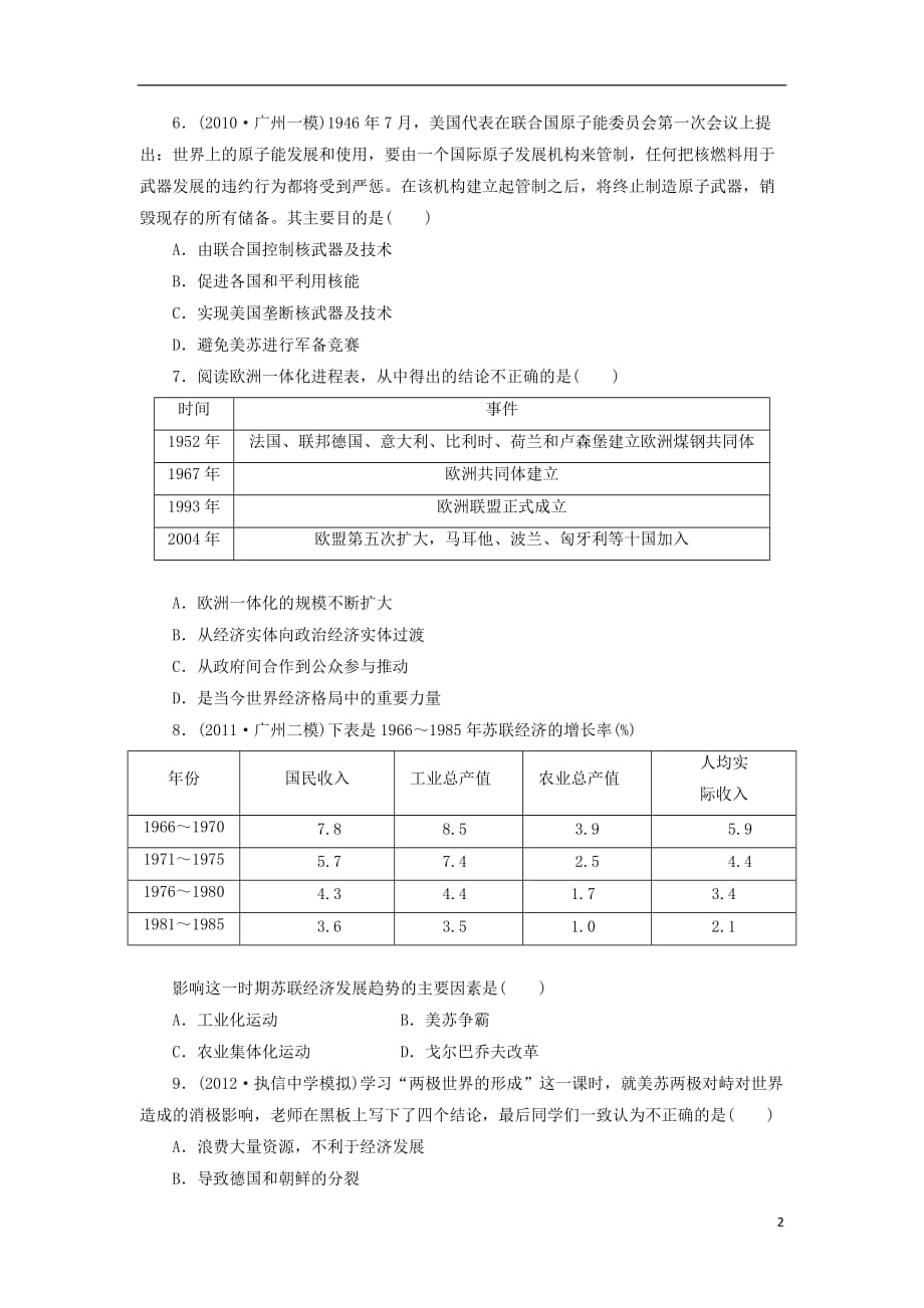 （广东专用）高考历史一轮 课时跟踪检测（十二） 两极对峙格局的形成与世界多极化的趋势（含解析） 岳麓版_第2页