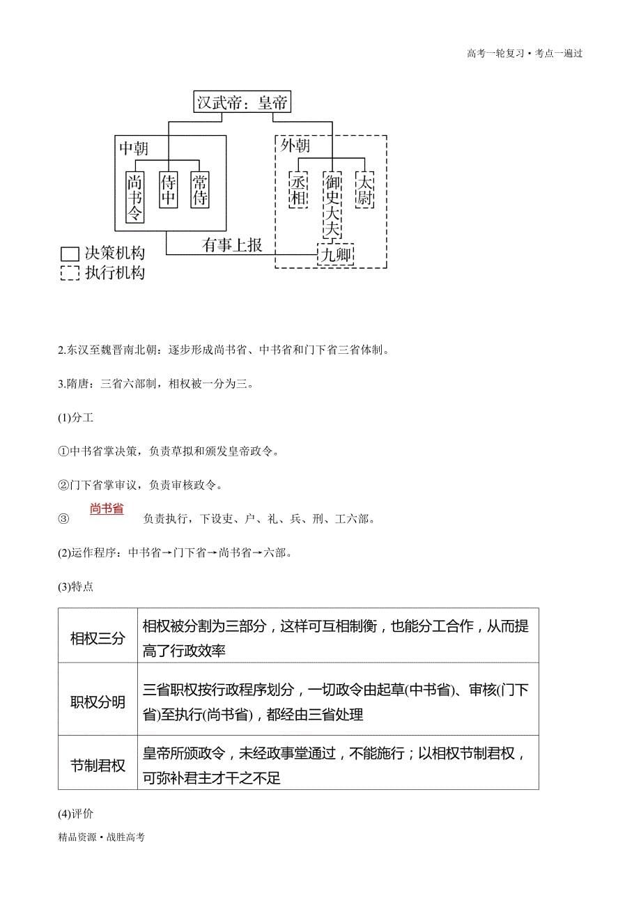 备战2021年高考历史一轮复习一遍过：考点03 从汉至元政治制度的演变(知识)_第5页