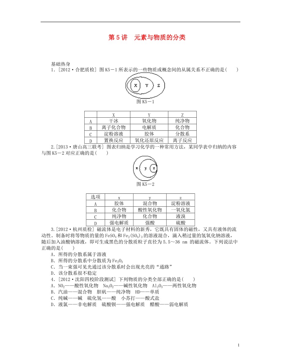 （山东专用）高三化学一轮复习专讲专练 （基础热身 能力提升 挑战自我）第5讲 元素与物质的分类（含详解）_第1页