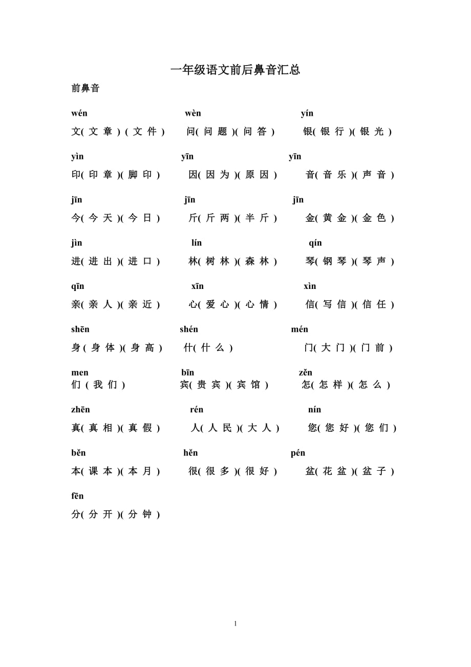 一年级语文前后鼻音汇总（最新精选编写）_第1页