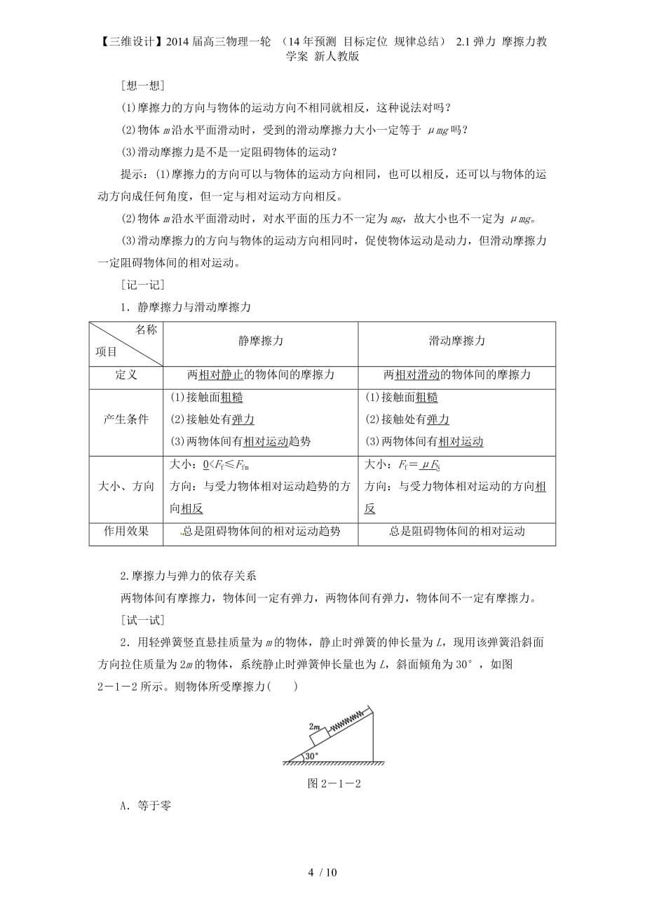 【三维设计】高三物理一轮 （ 目标定位 规律总结） 2.1弹力 摩擦力教学案 新人教版_第4页