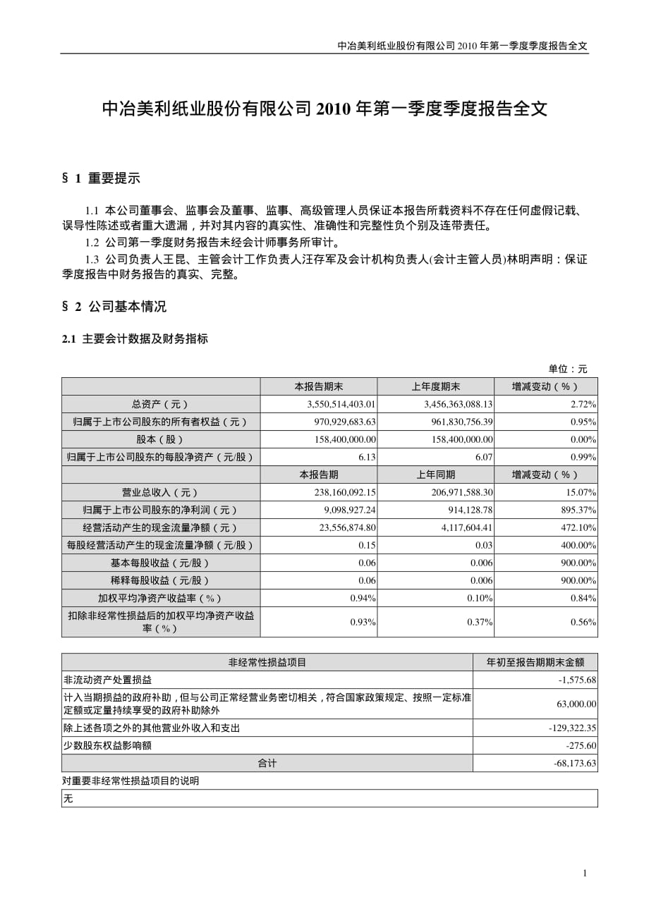 中冶美利纸业股份有限公司2010年第一季度季度报告全文_第1页