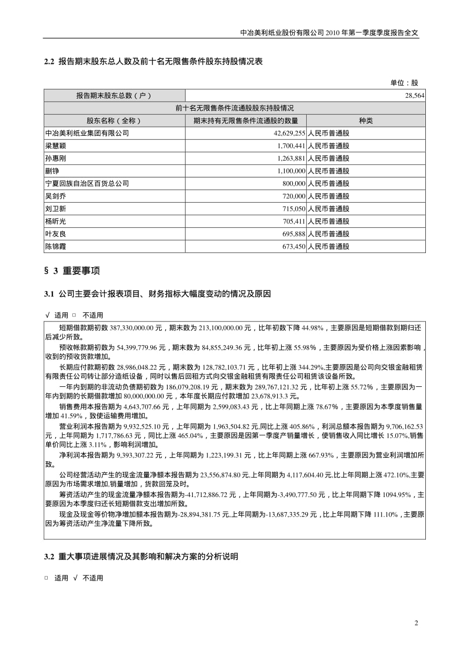 中冶美利纸业股份有限公司2010年第一季度季度报告全文_第2页