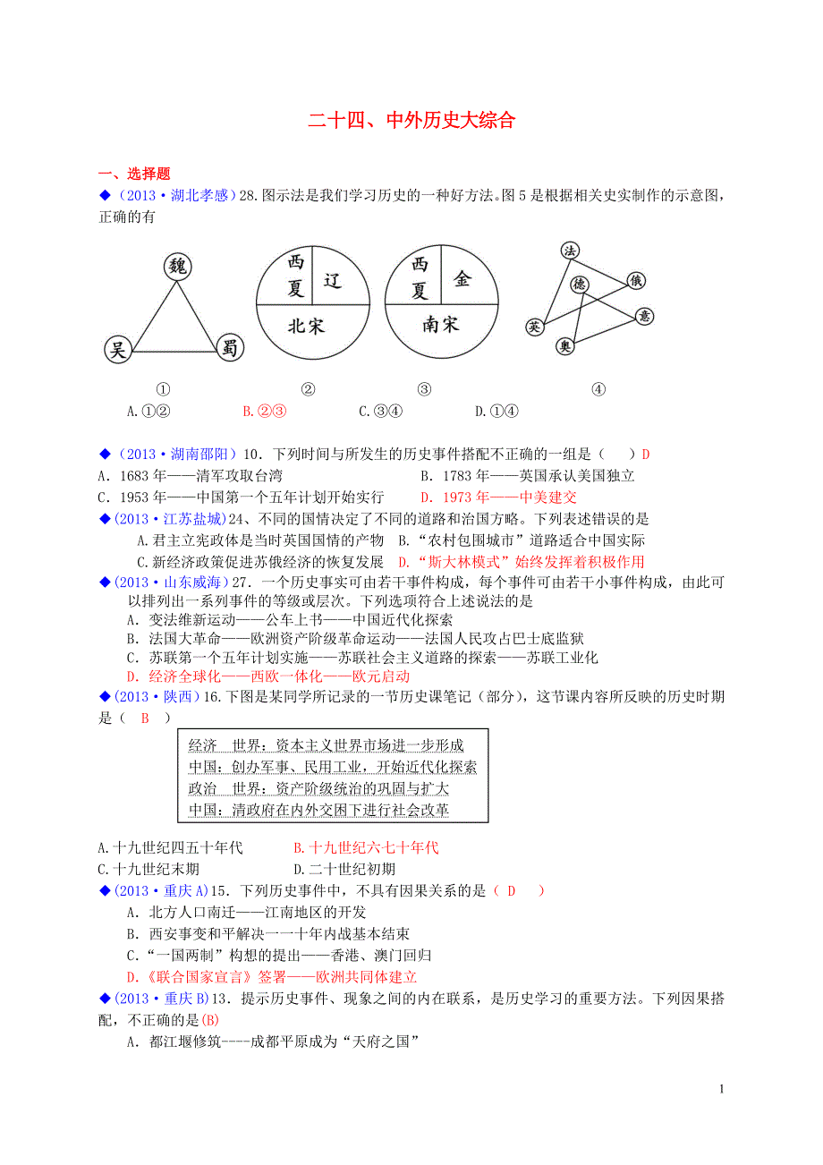 （按川教版体系分类）全国各地中考历史试卷汇编 热点专题二十四 中外历史大综合_第1页