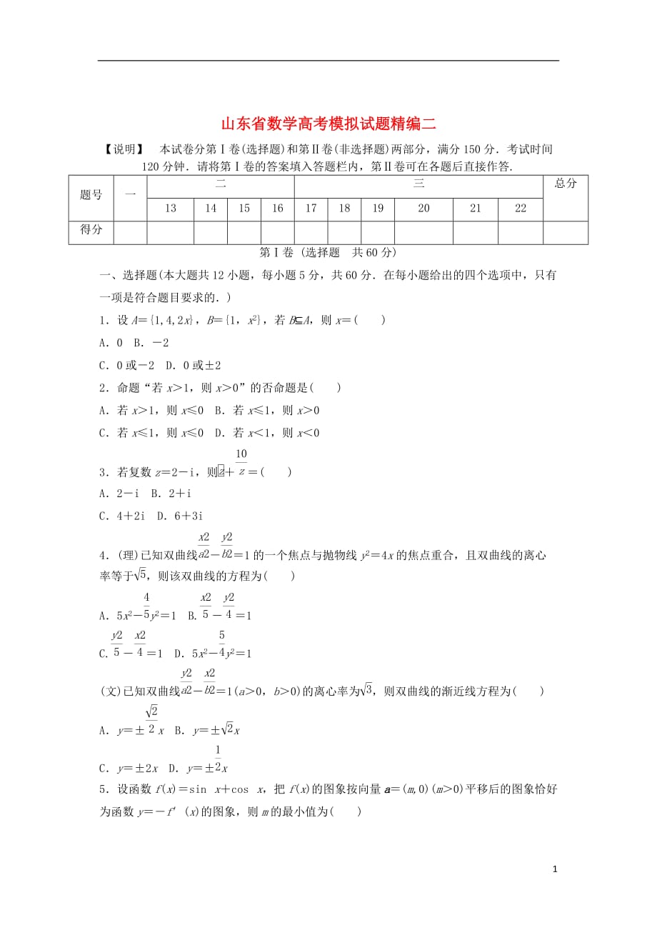 （山东专用）高考数学模拟试题精编2（无答案）_第1页