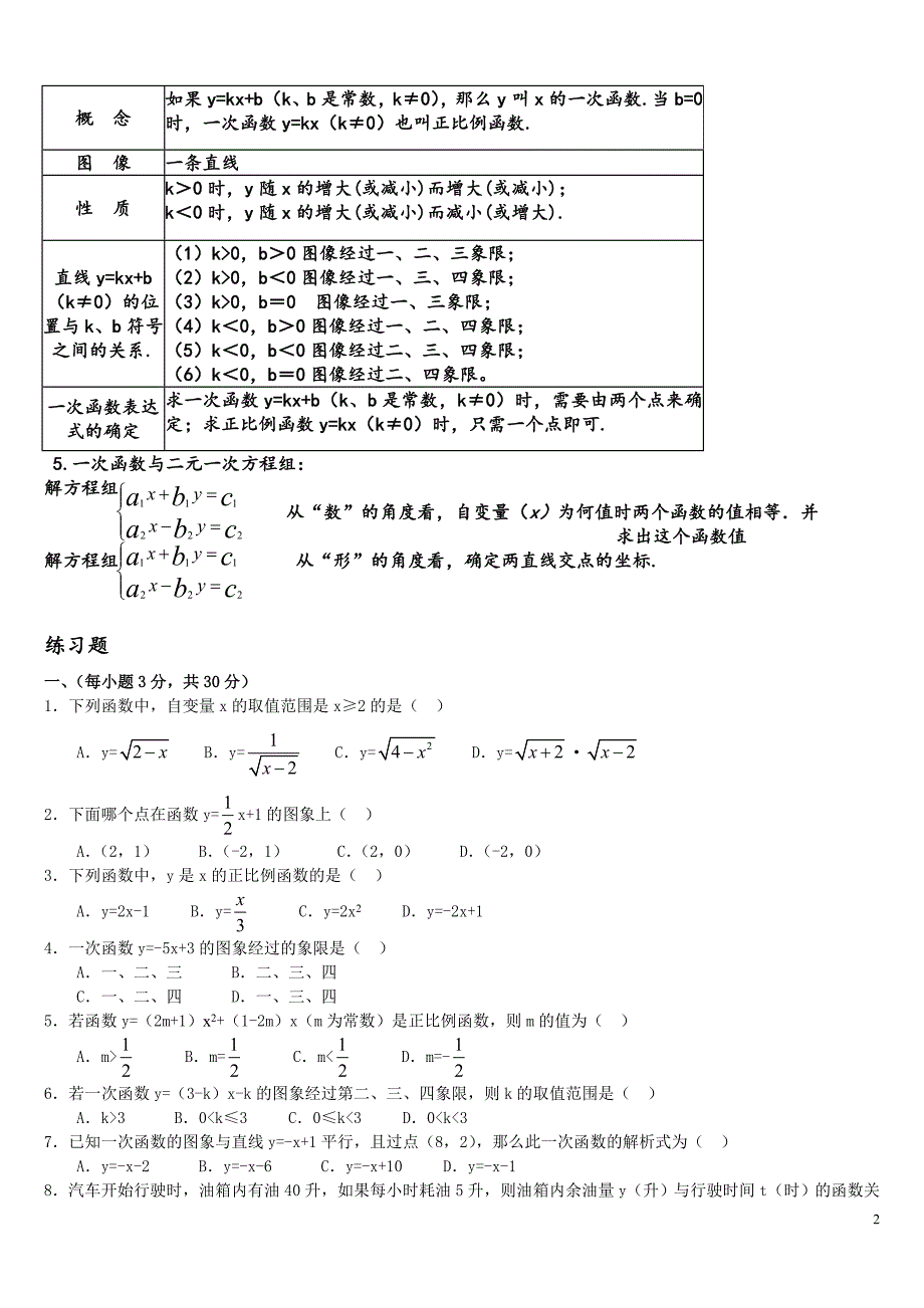 人教版八年级下册数学一次函数知识点归纳及练习-_第2页