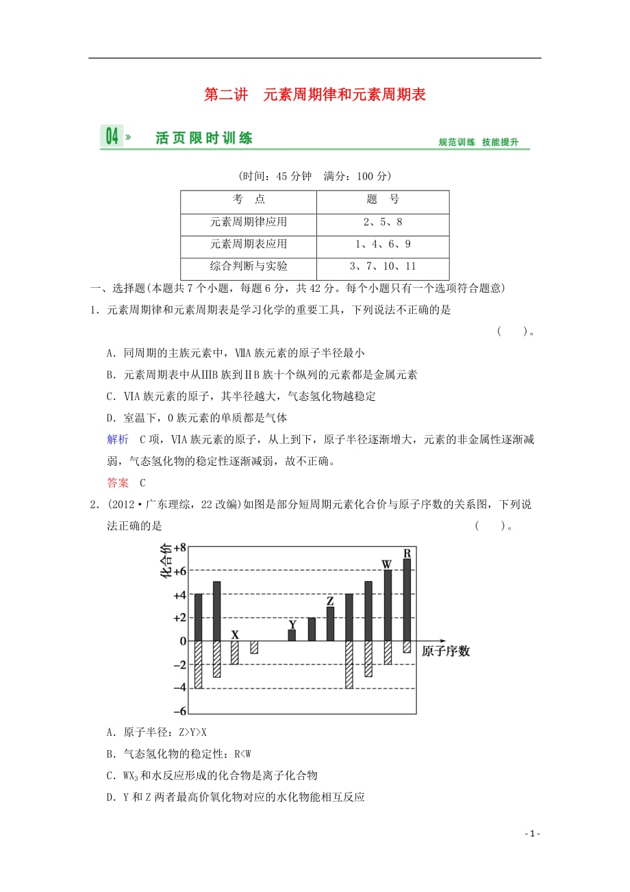 （重庆专用）高考化学一轮复习精练 第5章 第2讲 元素周期律和元素周期表_第1页