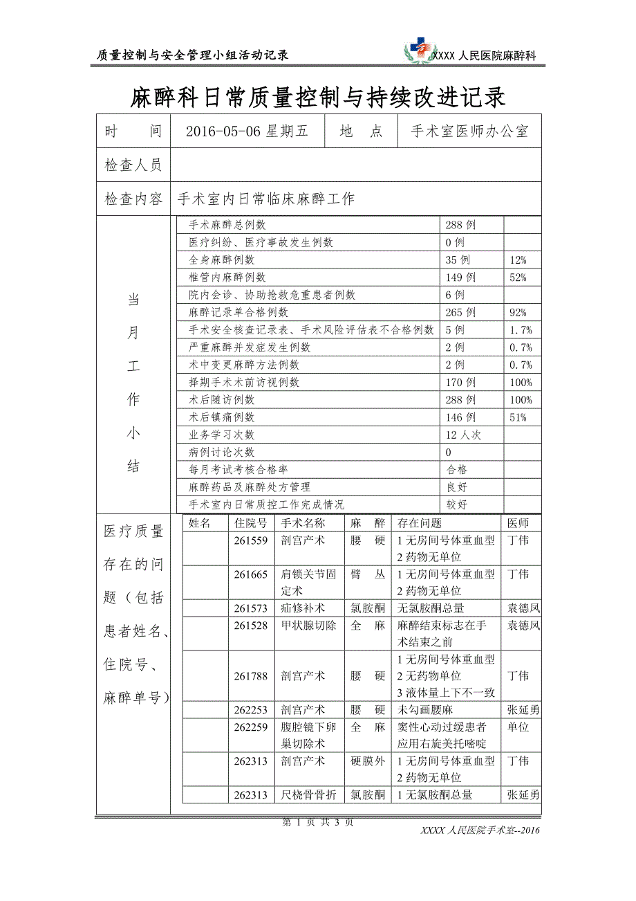 麻醉科日常质量管理与持续改进记录._第1页