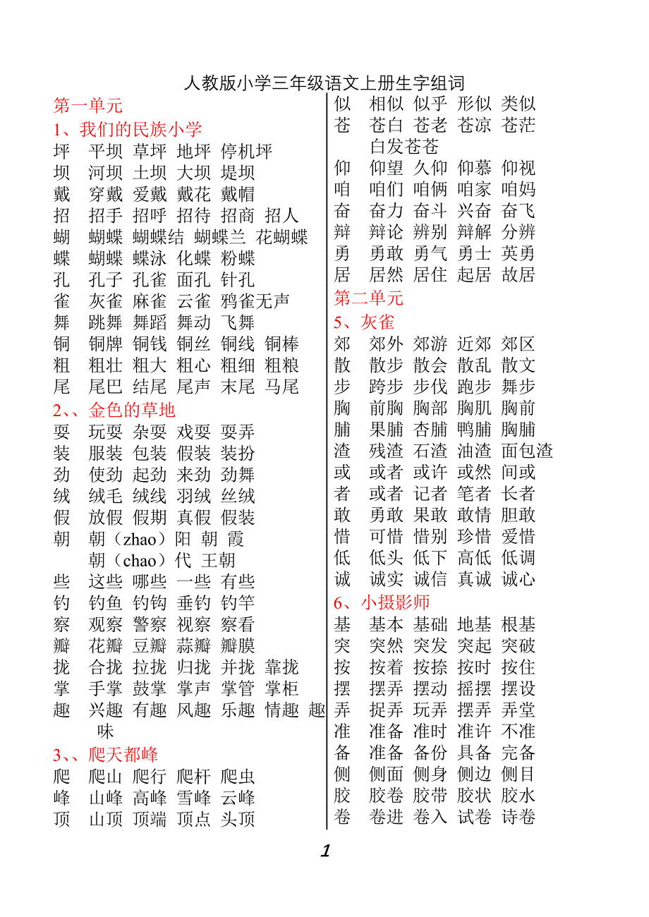 人教版小学三年级语文上册生字组词-_第1页