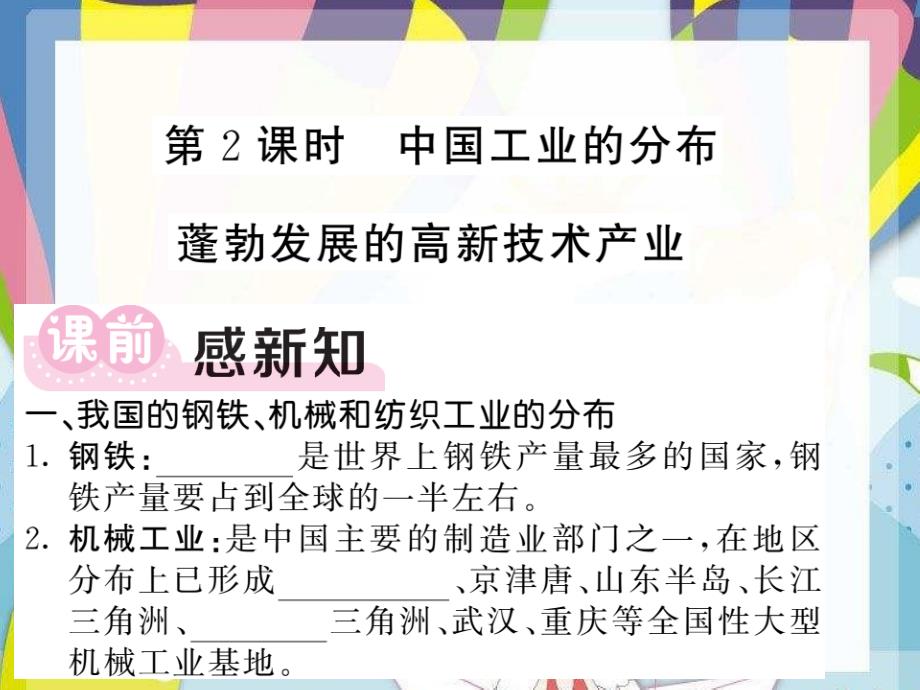 2020-2021八年级地理上册第4章第2节工业第2课时中国工业的分布蓬勃发展的高新技术产业习题课件新版湘教版2_第1页