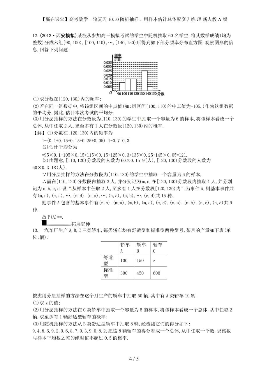 【赢在课堂】高考数学一轮复习 10.10随机抽样、用样本估计总体配套训练 理 新人教A版_第4页