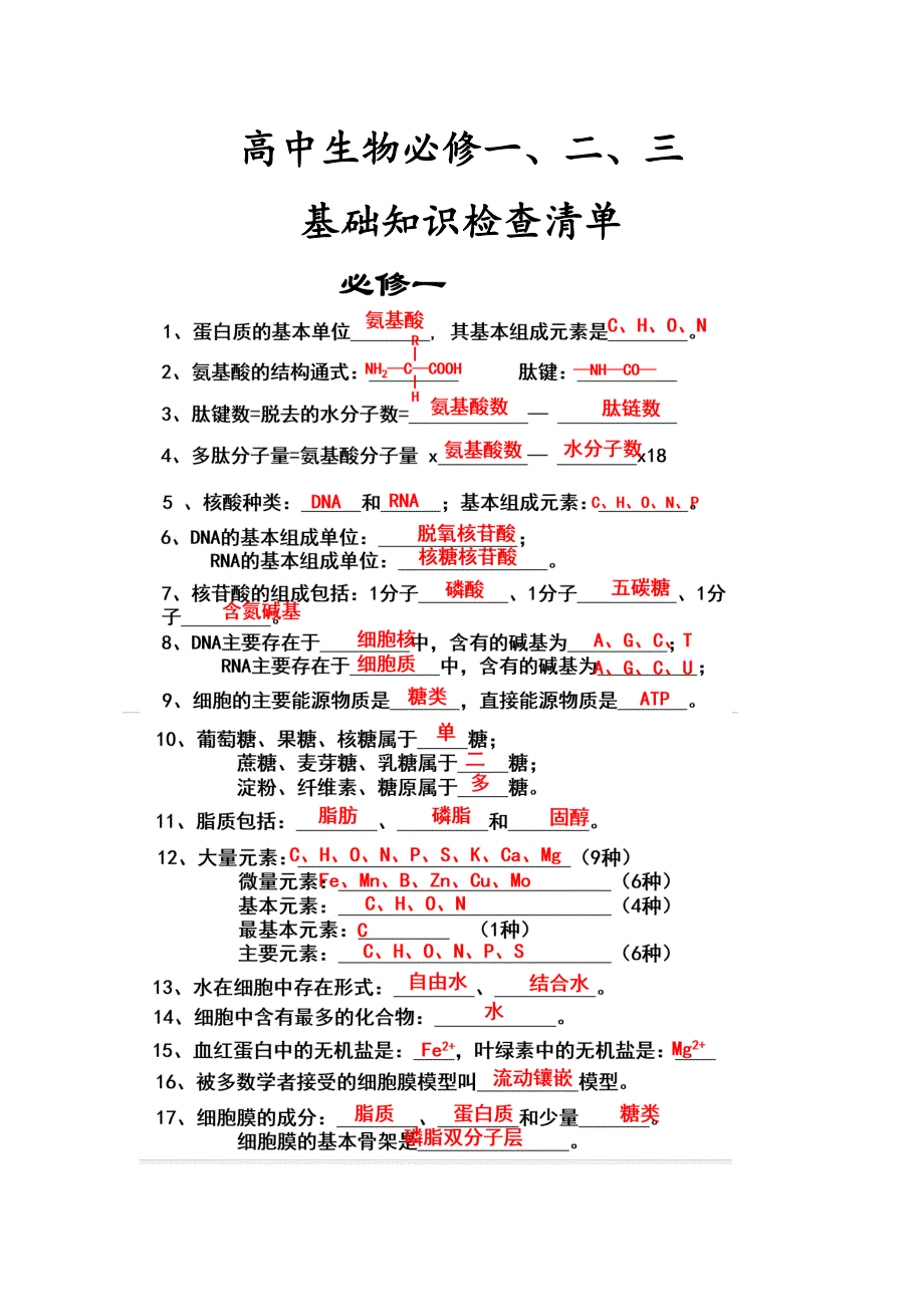 高中生物会考知识点总结资料(便于背诵)._第1页