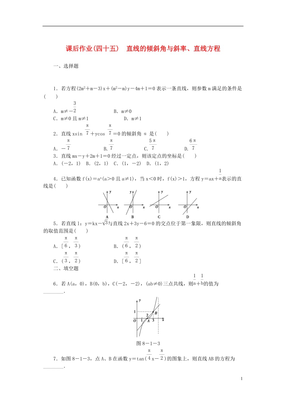 【课堂新坐标】高考数学一轮复习 课后作业（四十五）直线的倾斜角与斜率、直线方程 文_第1页