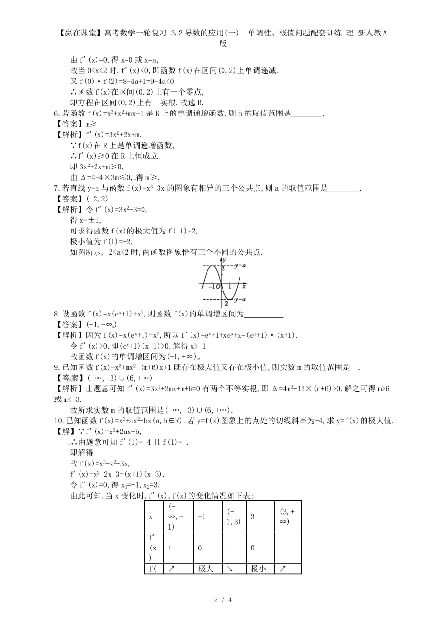 【赢在课堂】高考数学一轮复习 3.2导数的应用(一)　单调性、极值问题配套训练 理 新人教A版_第2页