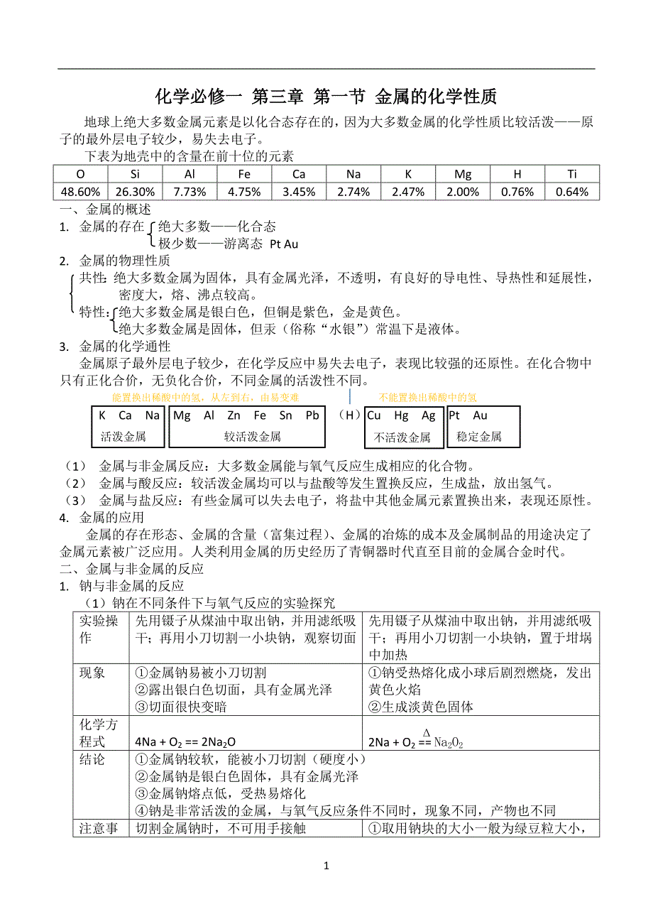 高中化学必修一第三章第一节金属的化学性质._第1页