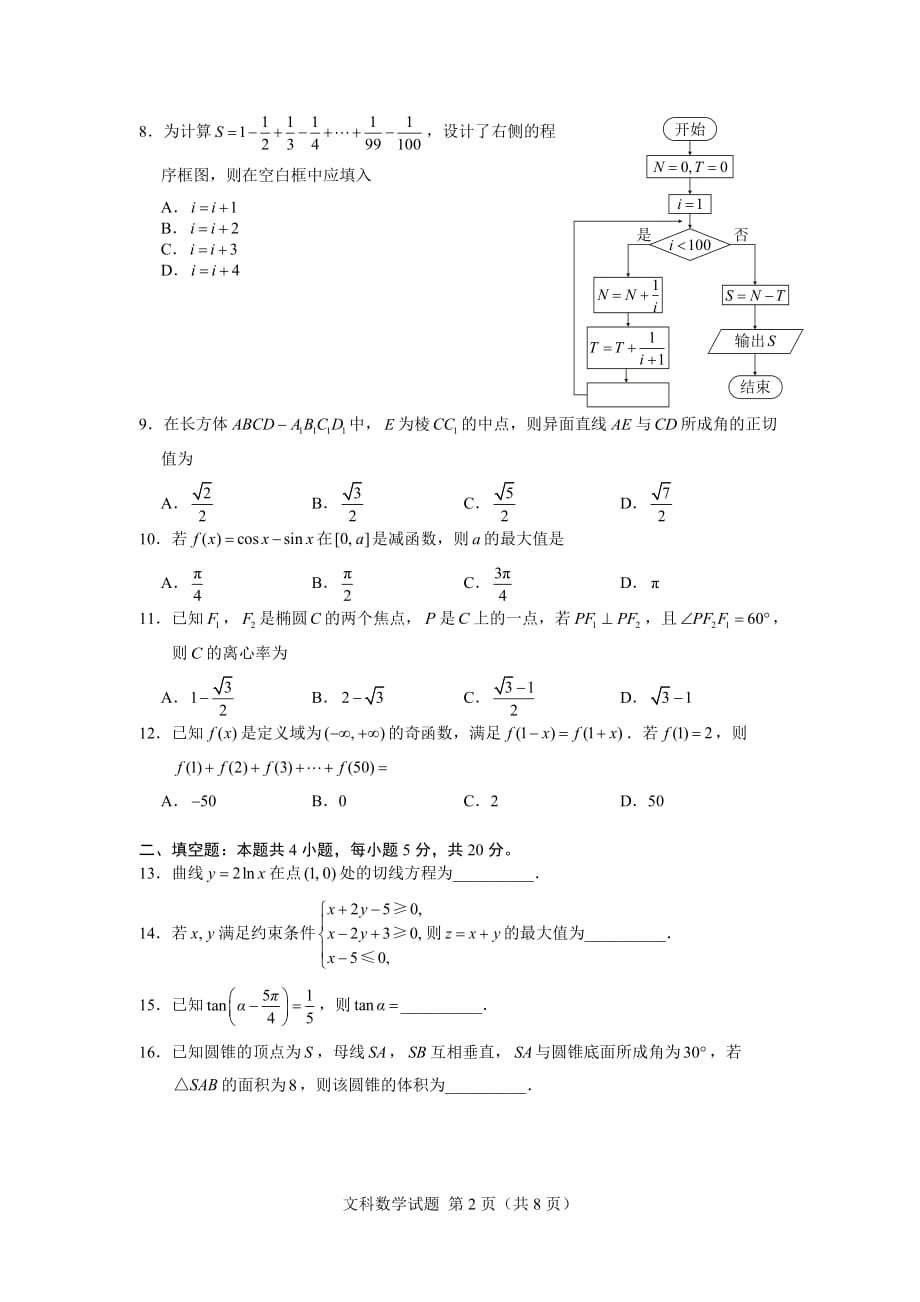 2018年高考全国2卷文科数学word版官方答案-_第2页