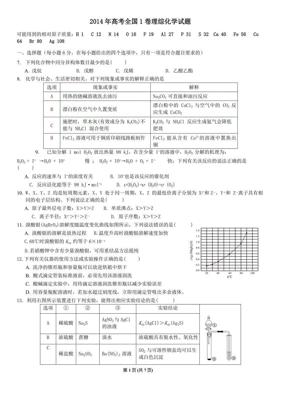 2014年全国卷1理综化学试题和答案 ._第1页