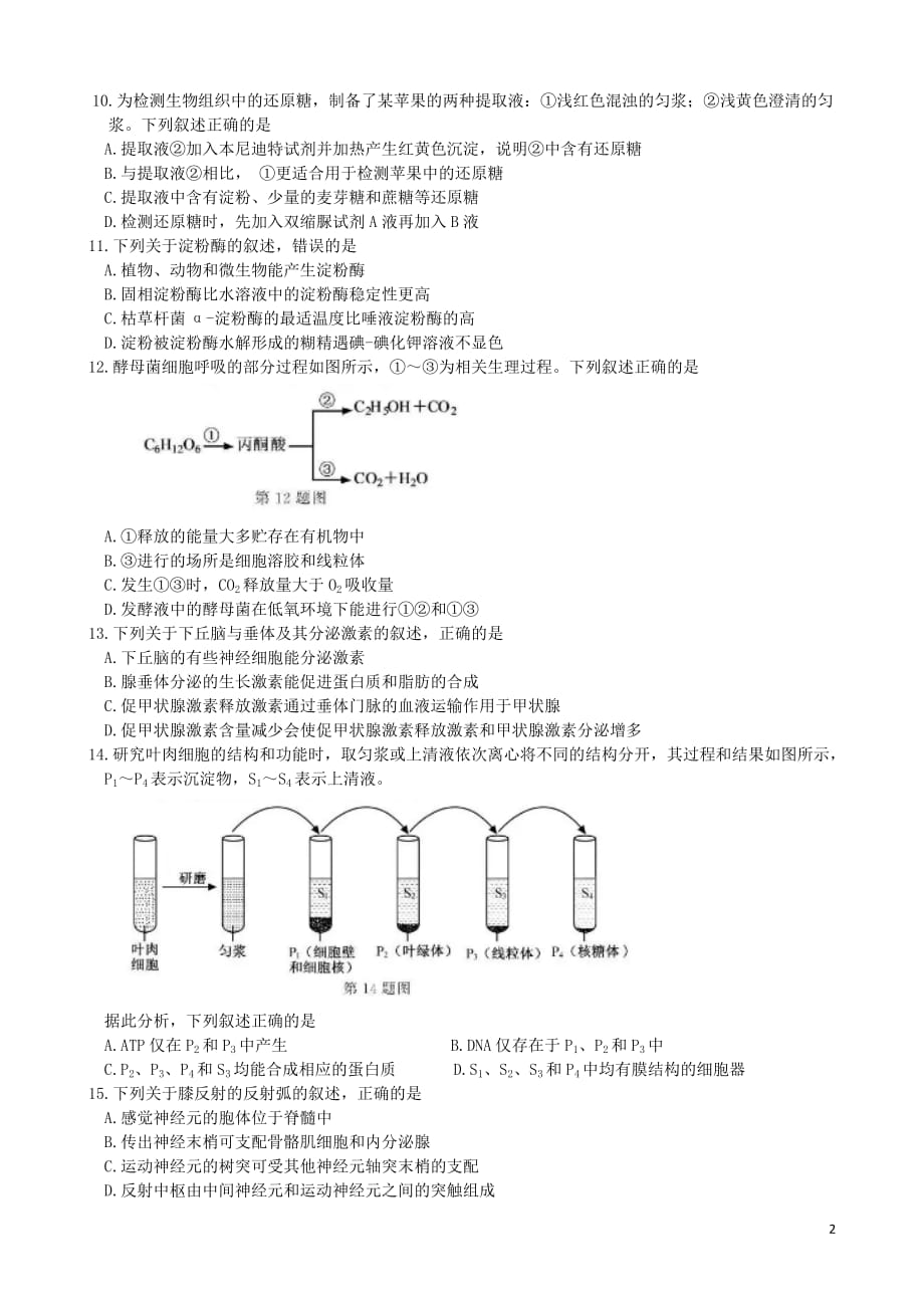 2020年1月浙江省普通高校招生考试选考科目生物学试题及参考答案-_第2页