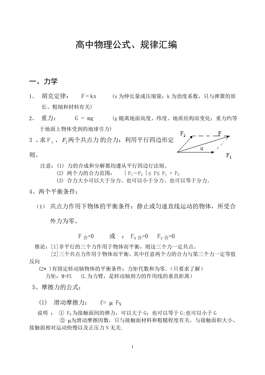 高中物理公式、规律汇编表._第1页