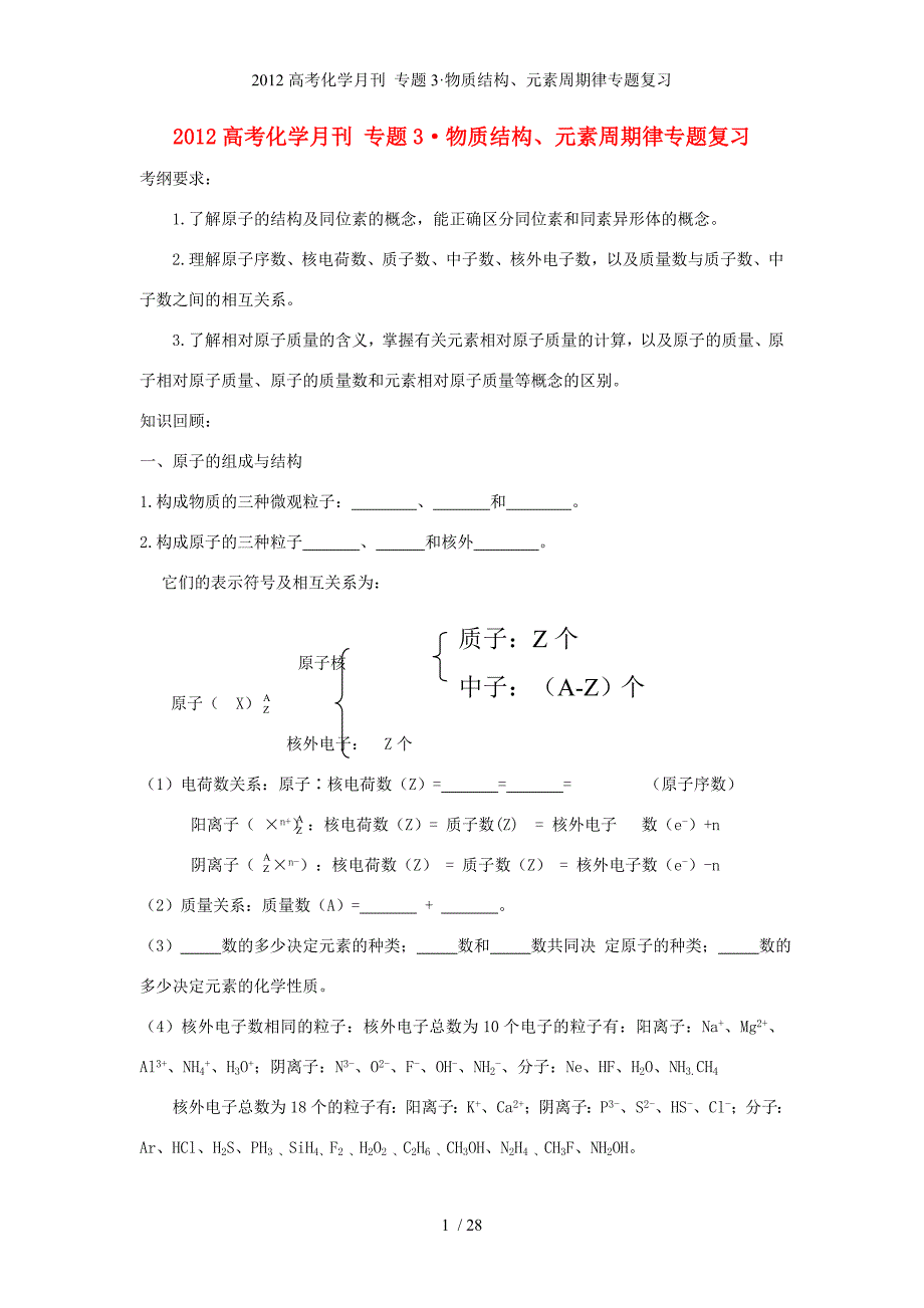 高考化学月刊 专题3&amp#183;物质结构、元素周期律专题复习_第1页