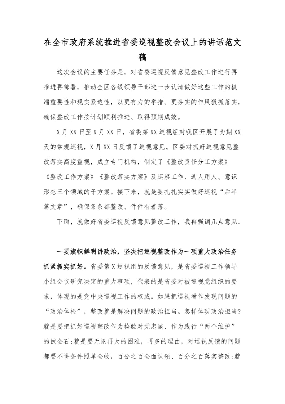 在全市政府系统推进省委巡视整改会议上的讲话范文稿_第1页