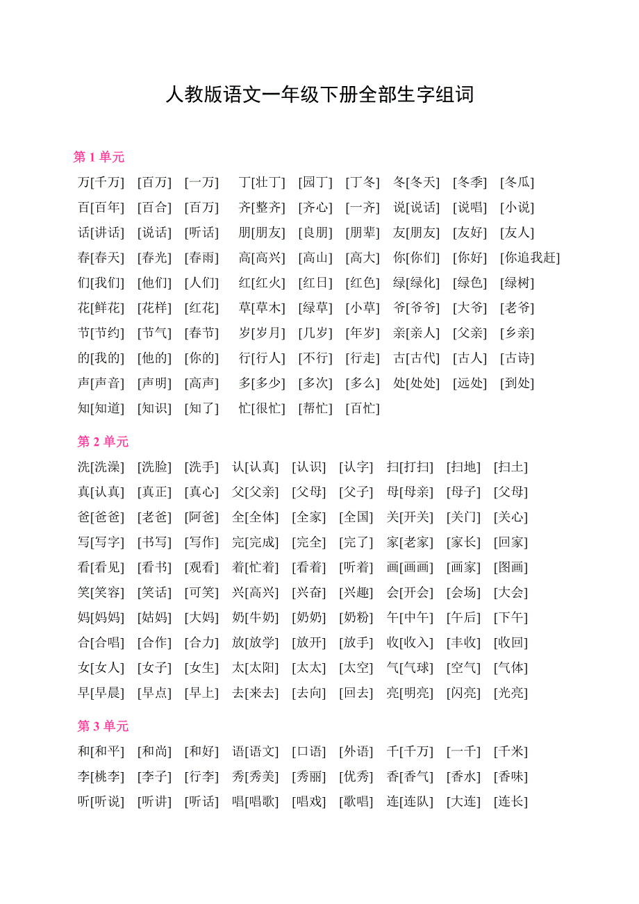 人教版语文一年级下册全部生字组词_第1页