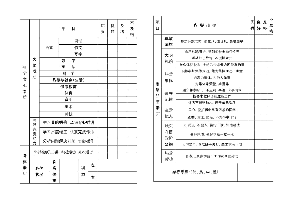 小学素质报告书模板_第1页