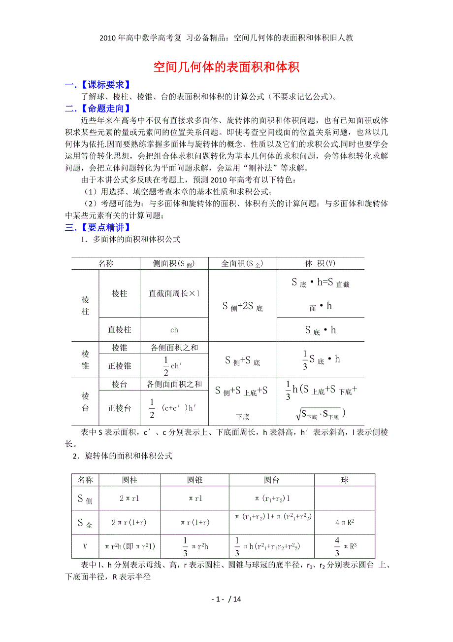 高中数学高考复 习必备精品：空间几何体的表面积和体积旧人教_第1页