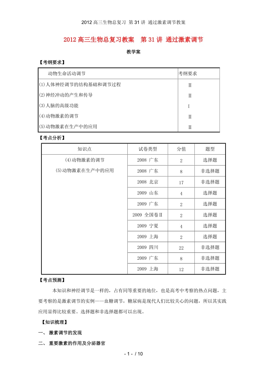 高三生物总复习 第31讲 通过激素调节教案_第1页