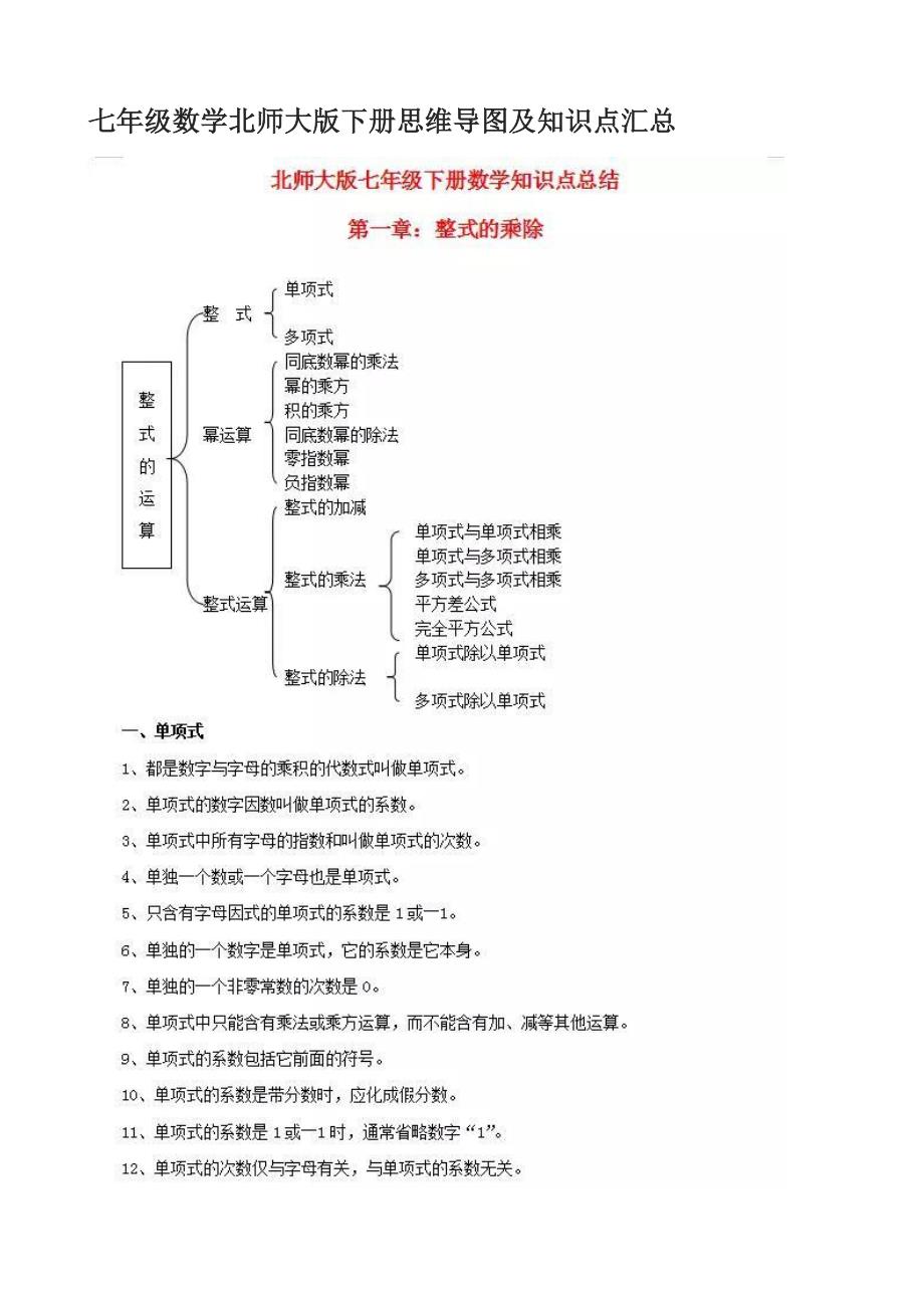 七年级数学北师大版下册思维导图及知识点汇总_第1页