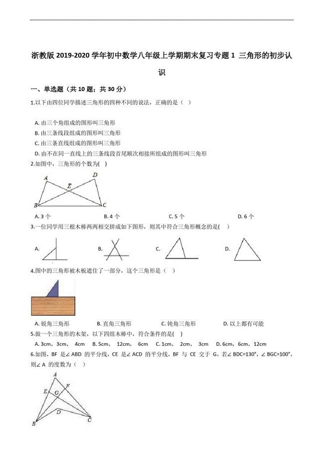浙教版2019-2020学年初中数学八年级上学期期末复习专题1三角形的初步认识