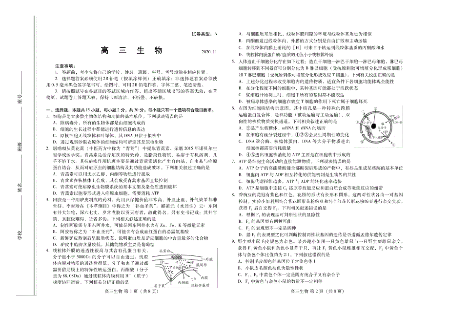 山东省潍坊市2021届高三上学期期中考试生物试题（可编辑PDF版）_第1页