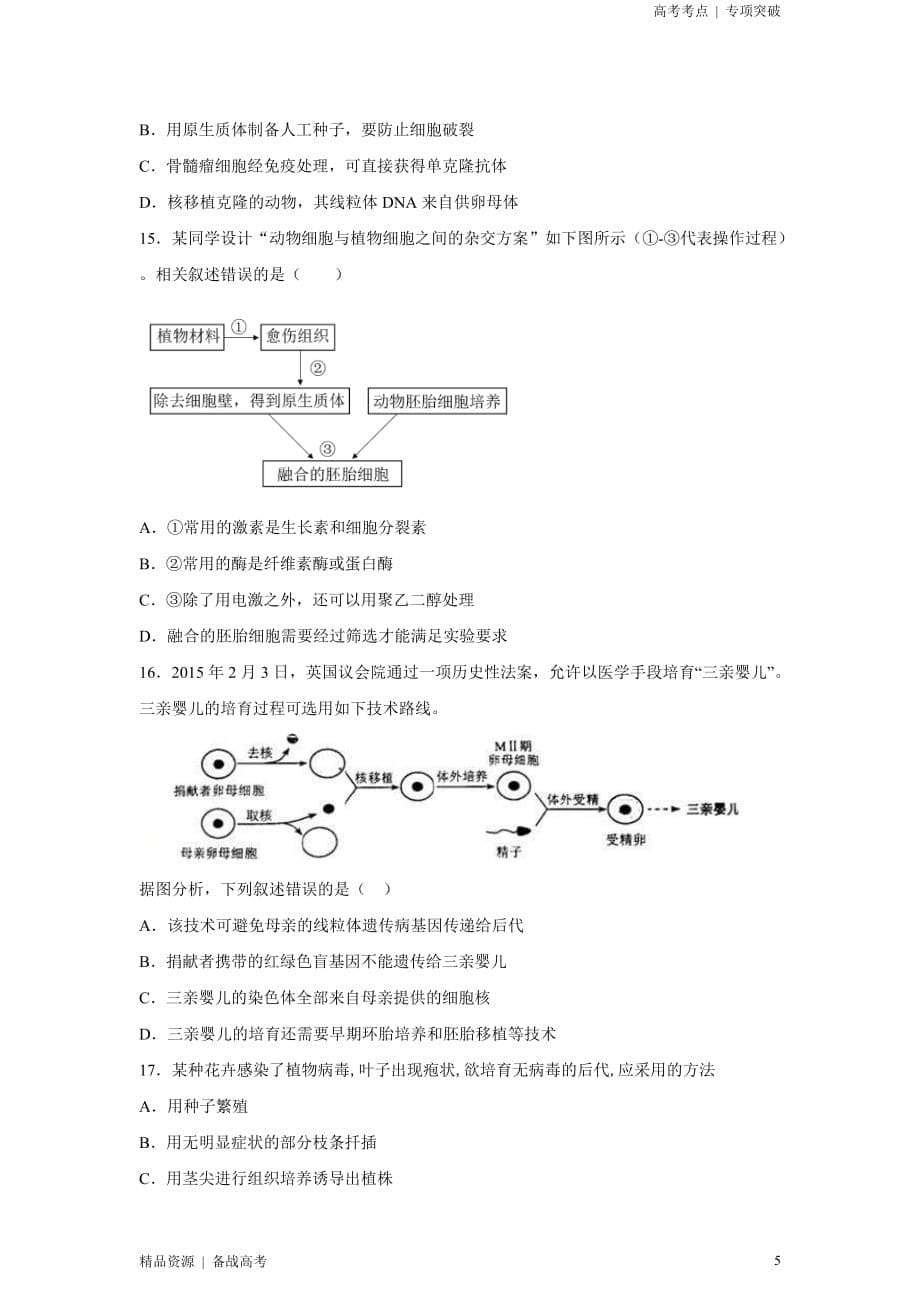 2021年高考[生物]精选考点：细胞工程及胚胎工程（原卷版）专项突破[全国]_第5页