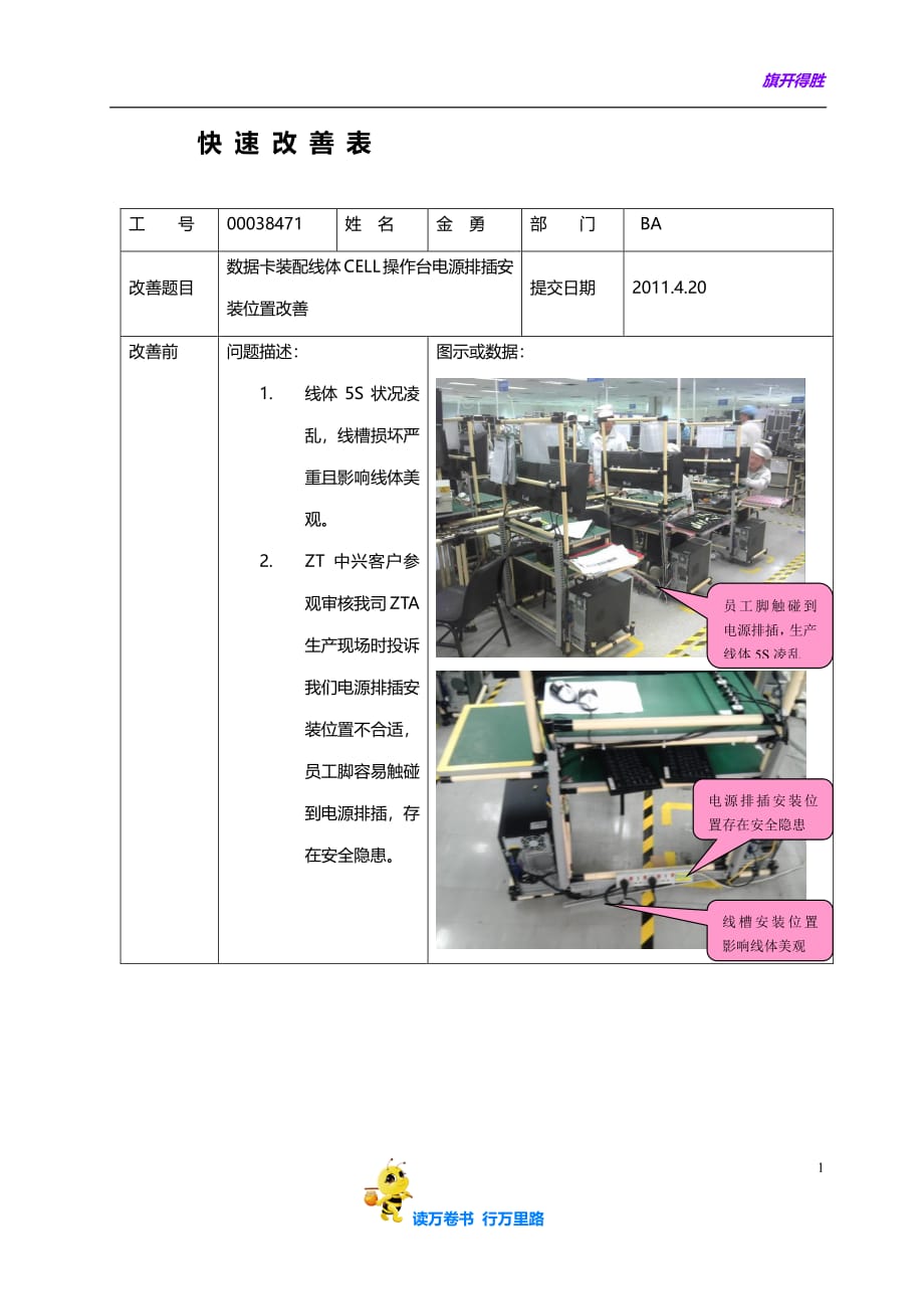 【改善报告】数据卡装配线体CELL操作台电源排插安装位置改善_第1页