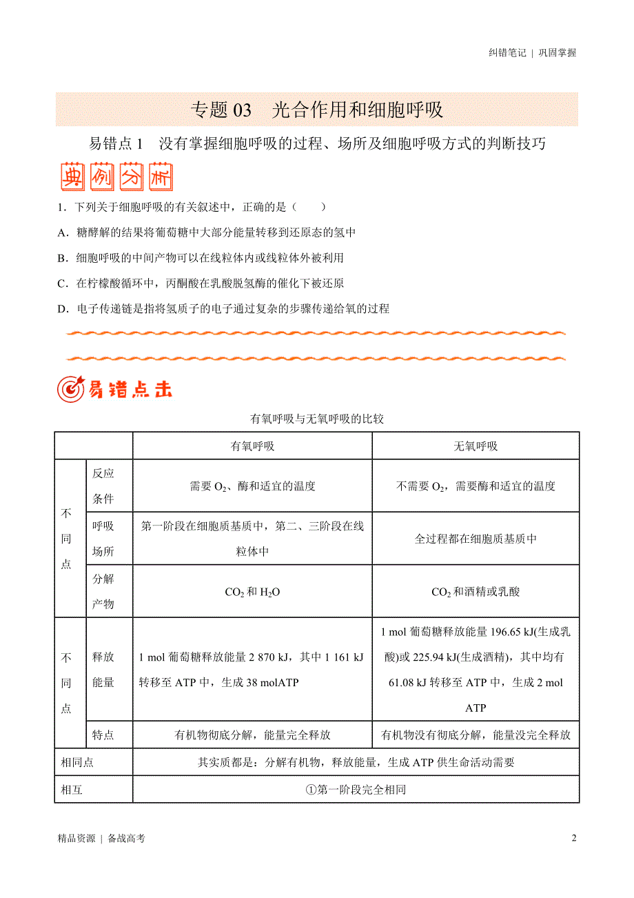 2021年高考[生物]纠错笔记：光合作用和细胞呼吸（学生版）_第2页