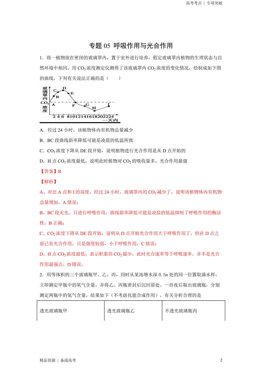 2021年高考[生物]精选考点：呼吸作用与光合作用（教师版）专项突破[全国]_第2页