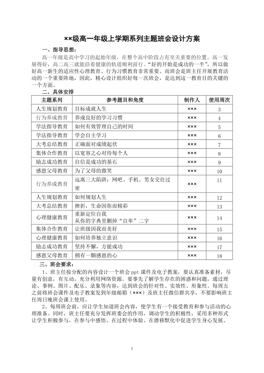 高一年级系列主题班会设计方案(优秀实用）_第1页