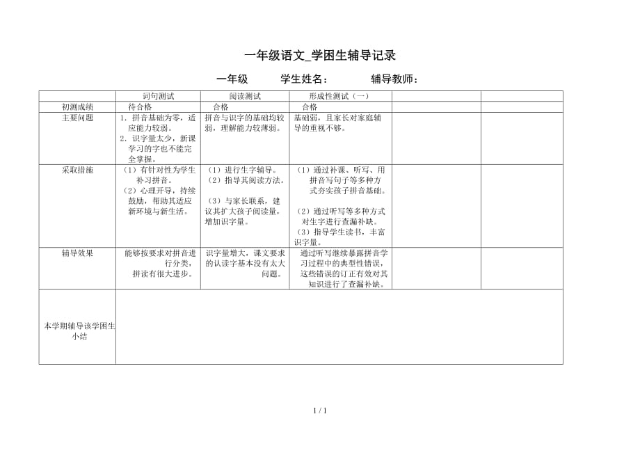 一年级语文_学困生辅导记录（精编）_第1页