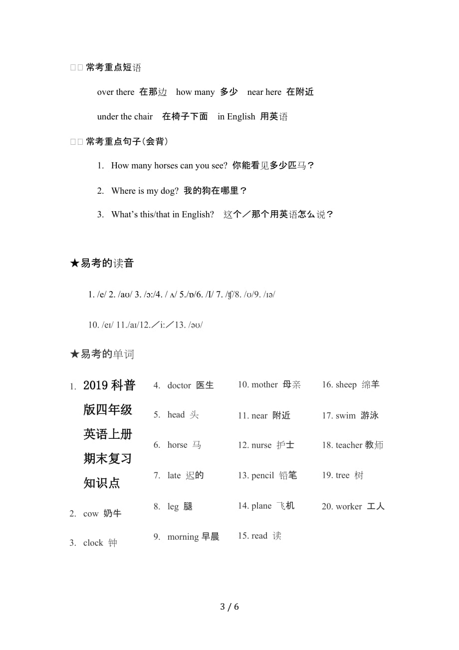 2019科普版四年级英语上册期末复习知识点（精编）_第3页