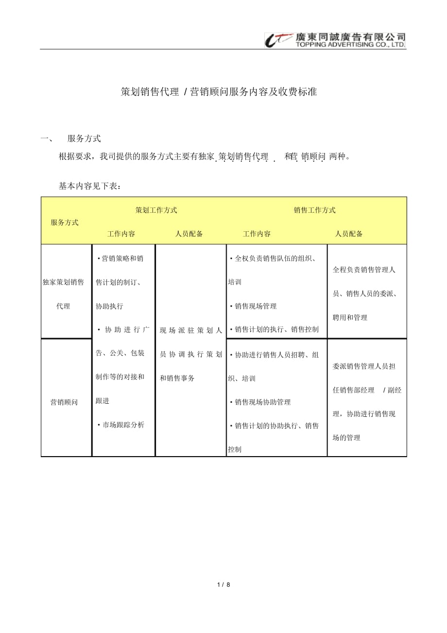 策划销售代理-营销顾问服务内容及收费建议（精选）_第1页