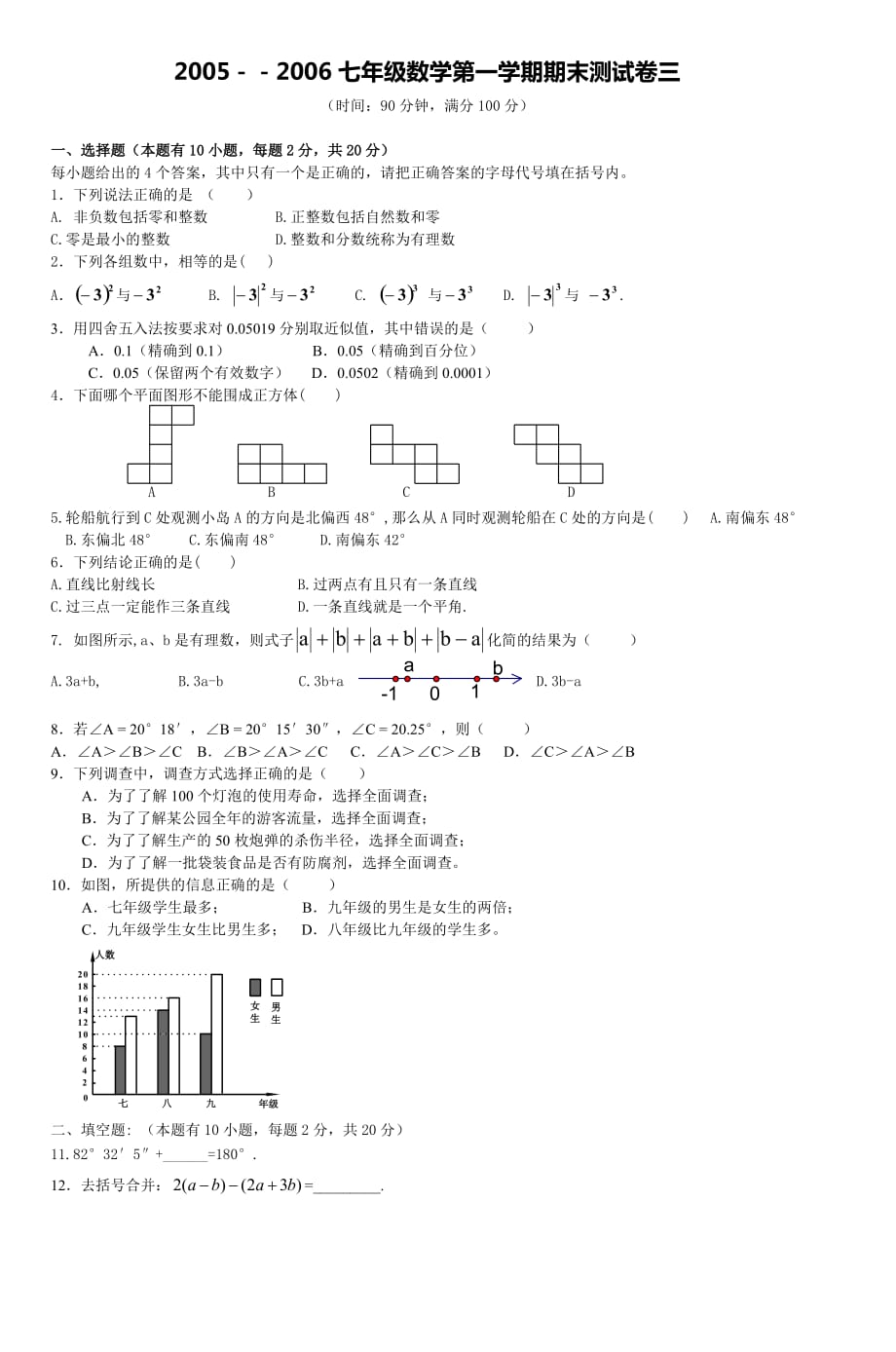 2005-2006七年级数学第一学期期末测试卷三_第1页