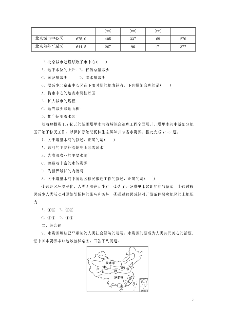 [精品学习复习资料]2021-2021学年高中地理 第四章 自然环境对人类活动的影响 课时达标训练（十九）水资源对人类生存和发展的意义 中图版必修1_第2页