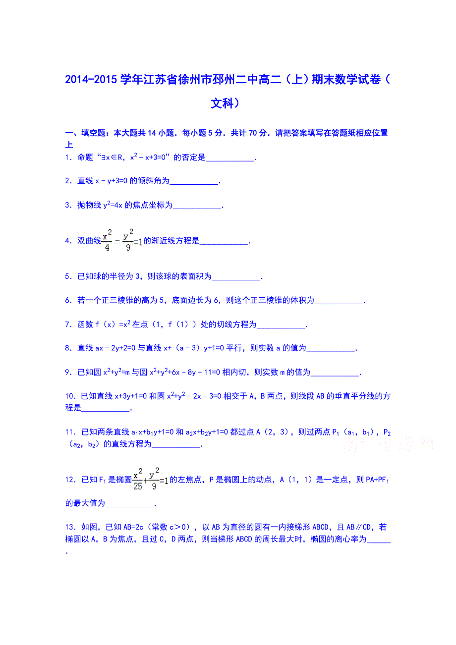 江苏省徐州市邳州二中2014-2015学年高二上学期期末数学试卷(文科) Word版含解析_第1页